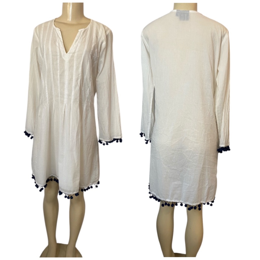 Madison Mathews Kaftan Dress Beach Cover up Pom Pom White Navy Blue Cotton Small